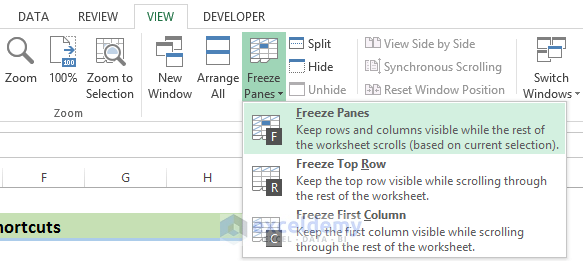 Use of Keyboard Shortcuts to Custom Freeze Panes