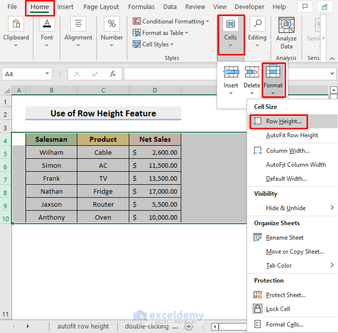 Excel Row Height Feature for Adjusting Row Height