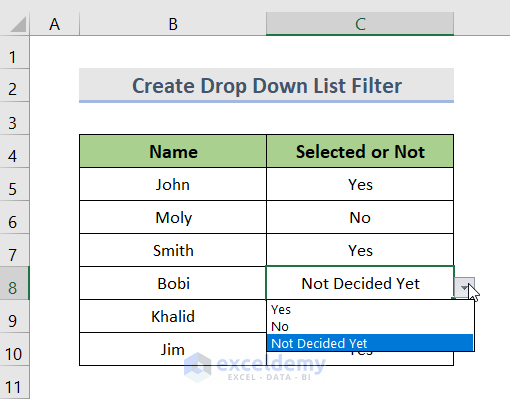 Create a Excel Drop Down List Filter