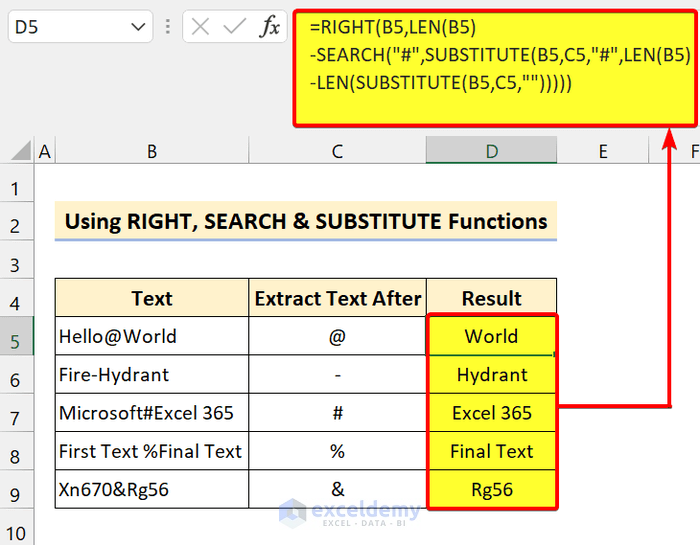 excel RIGHT, SEARCH, and SUBSTITUTE Functions to Extract Specific Characters