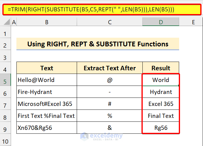 excel RIGHT, SUBSTITUTE, and REPT Functions to Extract Text After a Character