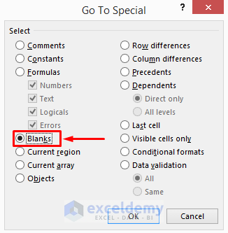 Fill Down Blanks with ‘Go To Special’ Dialog Box