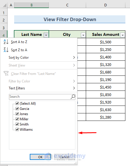 Use Keyboard shortcut to View the Filter Drop-Down Menu