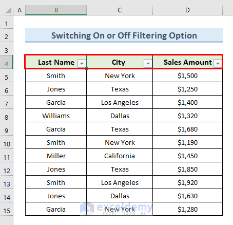 Switching On or Off the Filtering Option in Excel