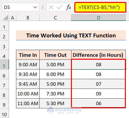 formula to Calculate Time Worked Using the TEXT Function