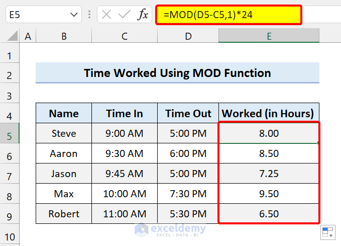 Formula to Calculate Hours Worked for A Day Shift