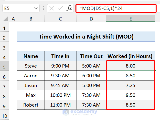 Formula to Calculate Time Worked for a Night Shift
