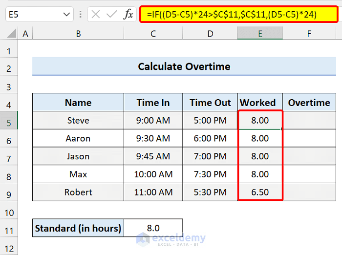 Formula to Calculate Overtime in Excel