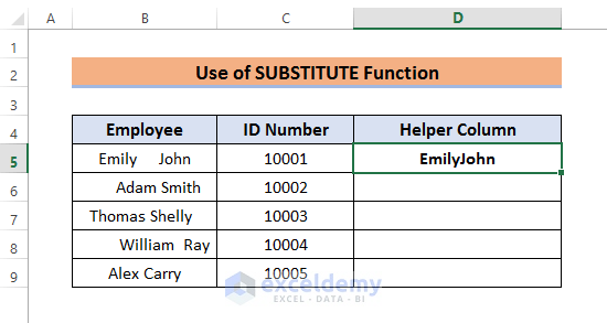 Remove All Spaces Using Excel SUBSTITUTE function