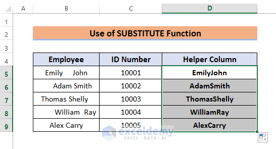 Remove All Spaces Using Excel SUBSTITUTE function