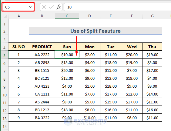 Use Split Feature to Lock Frame in Excel