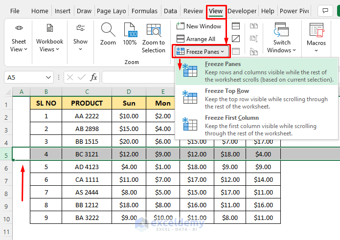 Excel Freeze Panes Feature to Freeze Frame