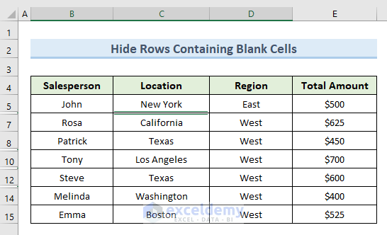 Hide Rows Containing Blank Cells