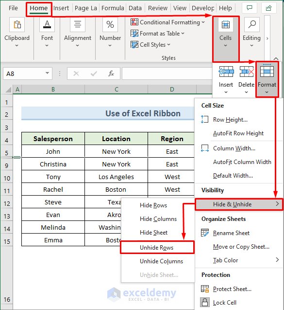 Use Excel Ribbon to Unhide Excel Hidden Rows
