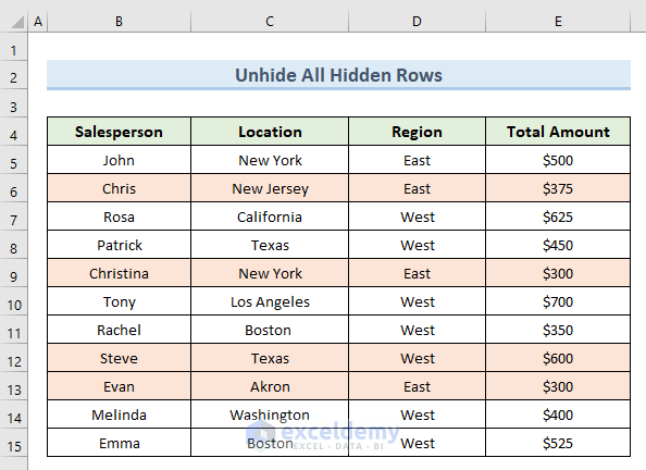 Unhide All Excel Hidden Rows from Single Worksheet