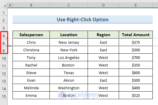 Use the Right-Click to form Excel Hidden Rows