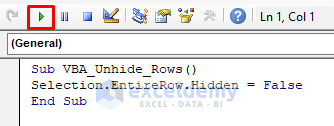 Apply VBA Code to Unhide Rows in Excel