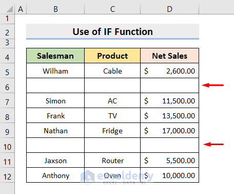 Enter Row Below Blank Cell in Excel