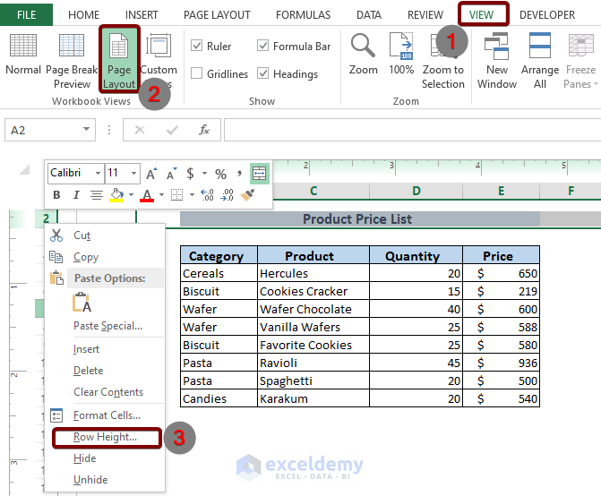 See Row Height Units in Excel