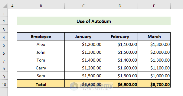 Use of AutoSum to Sum Entire Column