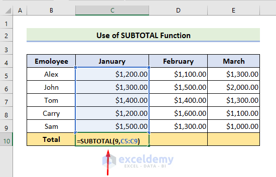 Excel SUBTOTAL Function to Sum up Whole Column