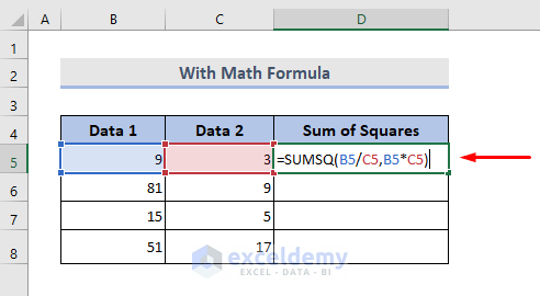 Calculating Sum of Squares after inserting Math Formulas in Excel