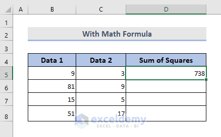 Calculating Sum of Squares after inserting Math Formulas in Excel