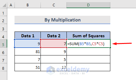 Computation of Sum of Squares by Multiplication in Excel