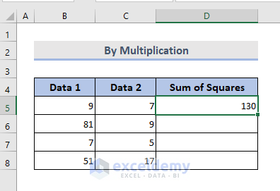 Computation of Sum of Squares by Multiplication in Excel