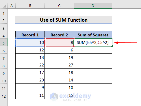 Calculating the Sum of Squares Using Sum in Excel