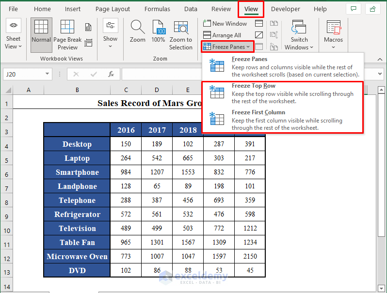 Freeze First Row and Column to Add Freeze Panes with VBA in Excel