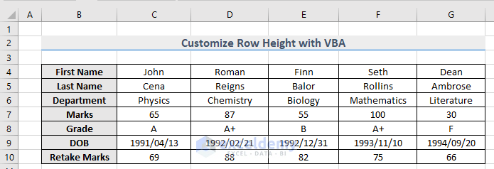 Dataset to customize row height with VBA in Excel