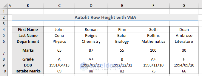 Dataset of VBA to Autofit Row Height in Excel