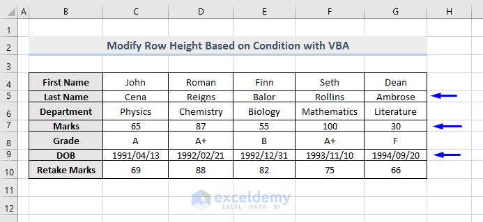 Dataset of VBA to Modify Row Height Based on Condition in Excel