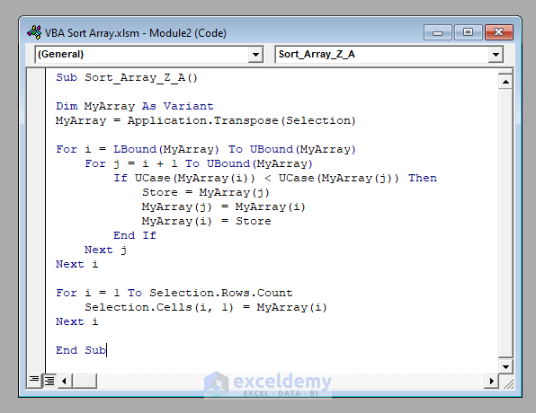 VBA Code Sort Array in Excel VBA