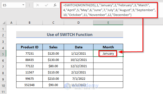 Excel SWITCH Function to Pull Out the Month from Date