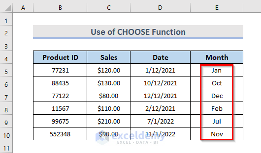 CHOOSE Function to Extract Month From Date in Excel