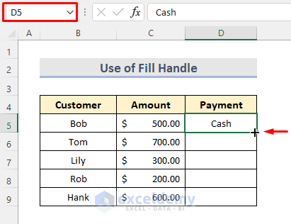 Excel Fill Handle to Fill Column with Same Value