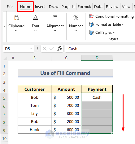 Fill Same Data with Fill Command in Excel