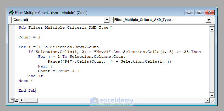 VBA Code to Filter Multiple Criteria in Excel of AND Type