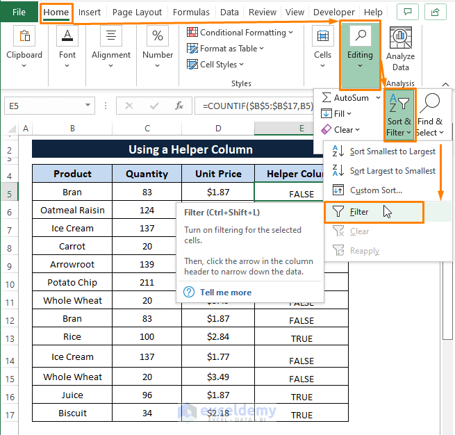 Applying filter-How to Remove Both Duplicates in Excel