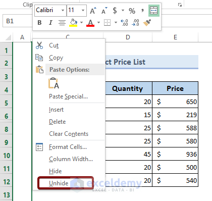 Unhide Columns Manually in Excel