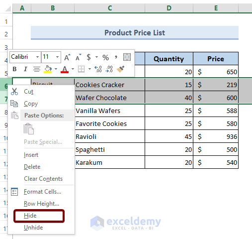 Manually Hide Rows in Excel