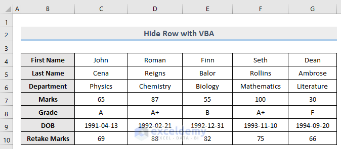 Dataset of Hide row with VBA in Excel