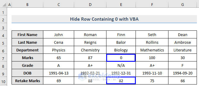 Dataset of VBA to Hide Rows Containing Zero (0) in Excel