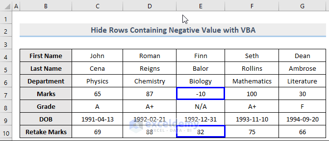 Dataset of VBA Macro to Hide Rows Holding Negative Values in Excel