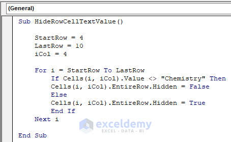 VBA to Hide Rows Based on Cell Text Value in Excel