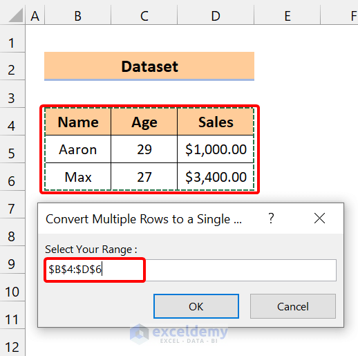 VBA Codes to Convert Multiple Columns into a Single Row in Excel