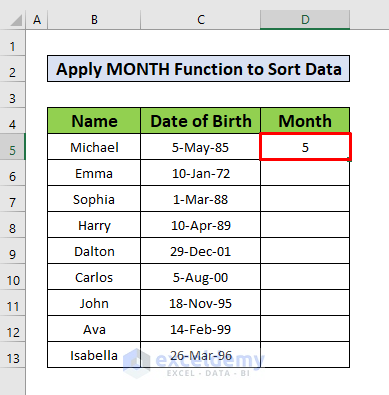 Apply the MONTH Function to Sort by Month in Excel