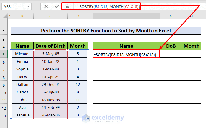 Perform the SORTBY Function to Sort by Month in Excel